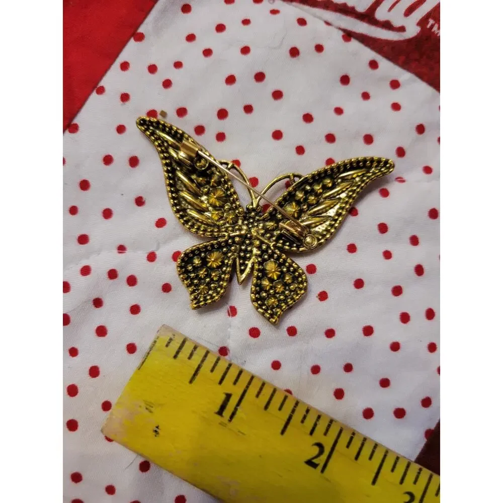 Butterfly Brooch Pin Gold Tone Red Rhinestones Bling